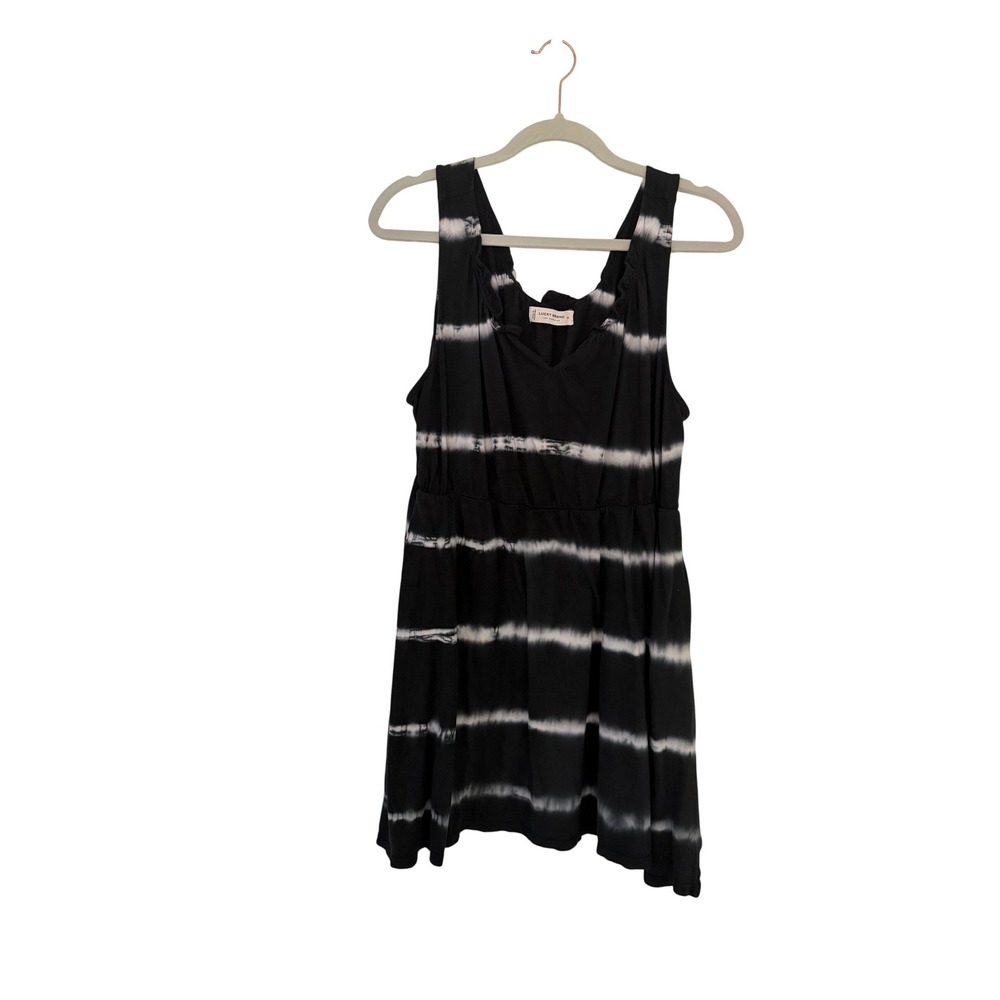 Lucky Brand Black White Tie Dye Stripe Sleeveless V-Neck Mini Dress Pockets XL